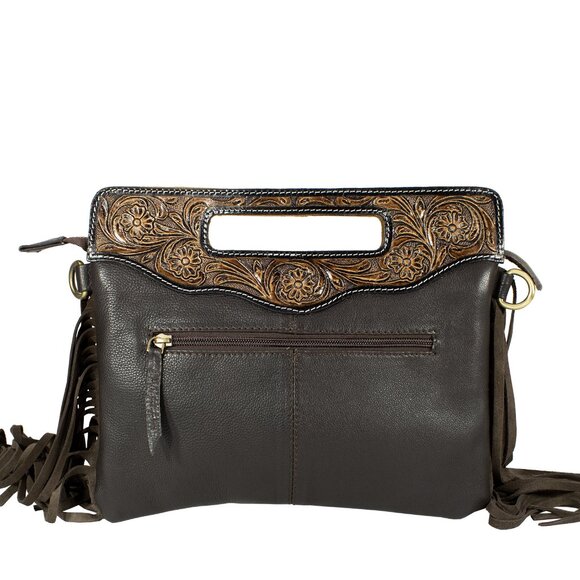 Women Hand Tooled Hair-on Shoulder Fringe Bag with Free Gift Bifold Black Wallet - Picture 5 of 9